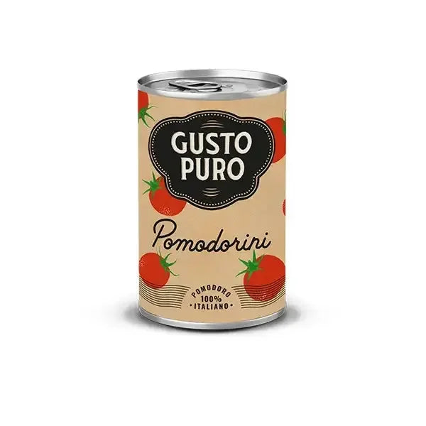 Gusto Puro Pomodorini canned cherry tomatoes with Italian label and tomato graphics