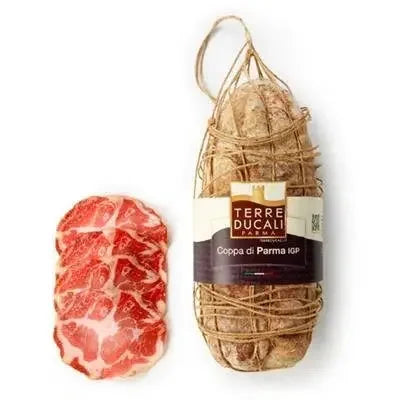 Terre Ducali Coppa di Parma IGP cured meat with whole and sliced pieces wrapped in string