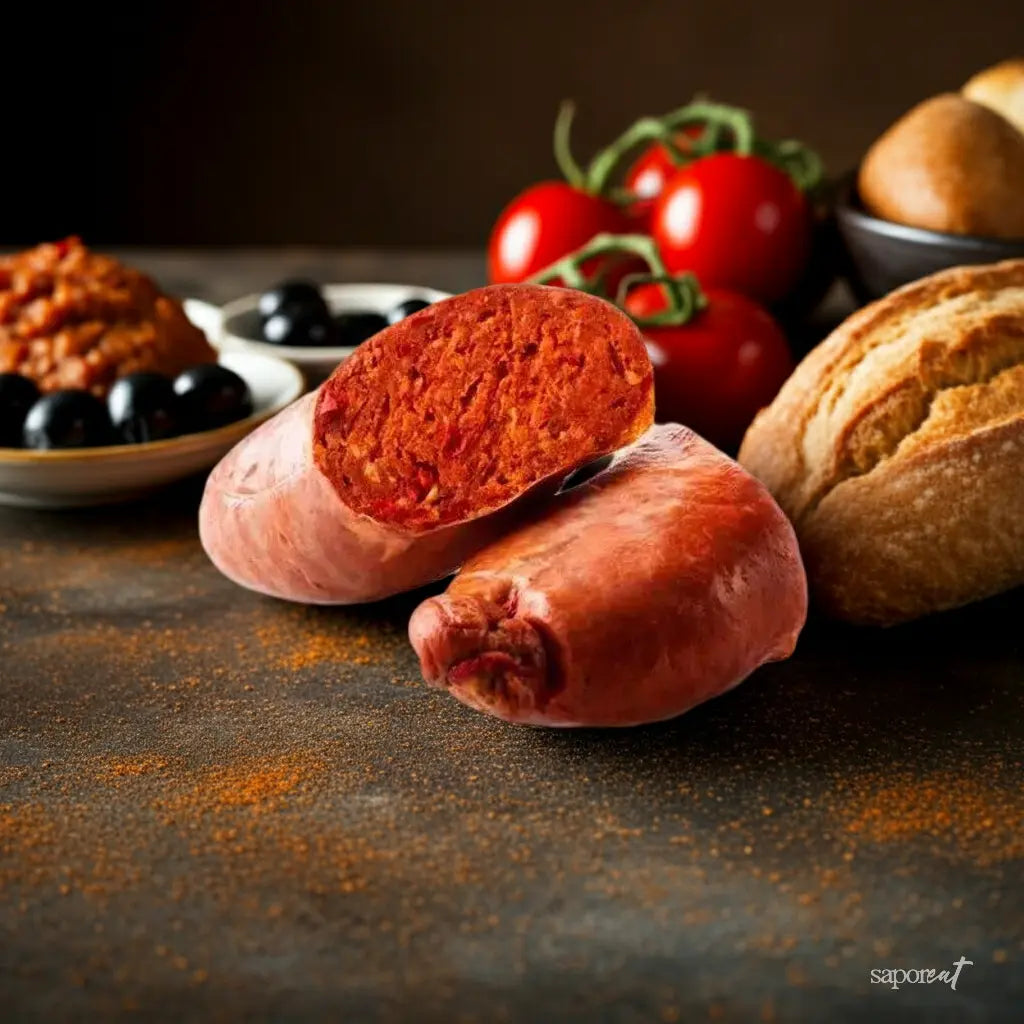 Two sausages on a rustic surface with bread, tomatoes, and olives in the background. Charcuterie
