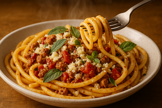 Wild boar sausage and pecorino di pienza bucatini with proper fork and more cheese