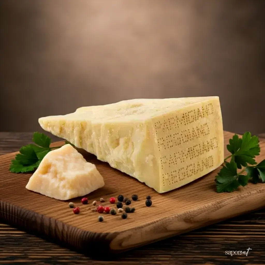 Wedge of Parmigiano Reggiano cheese with a smaller piece, peppercorns, and parsley on a wooden board