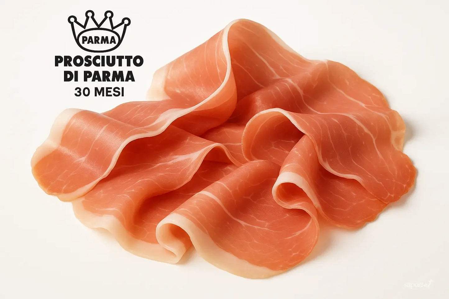Thinly sliced Prosciutto di Parma aged 30 months arranged on a white background