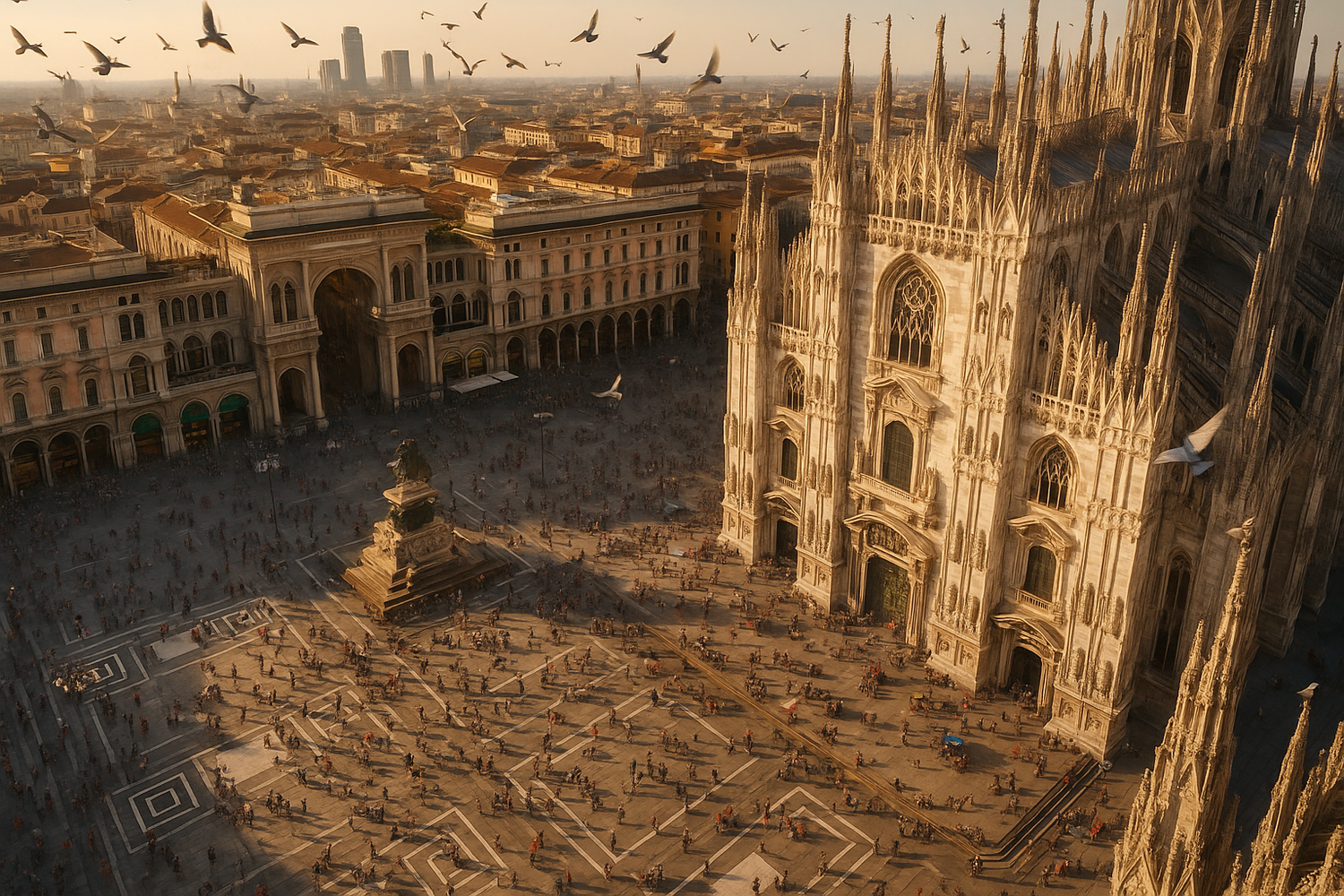 Aerial view of Milan landmarks with pigeons and crowds