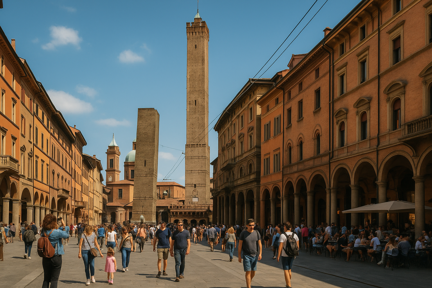 Bologna's Two Towers with bustling crowds and street life