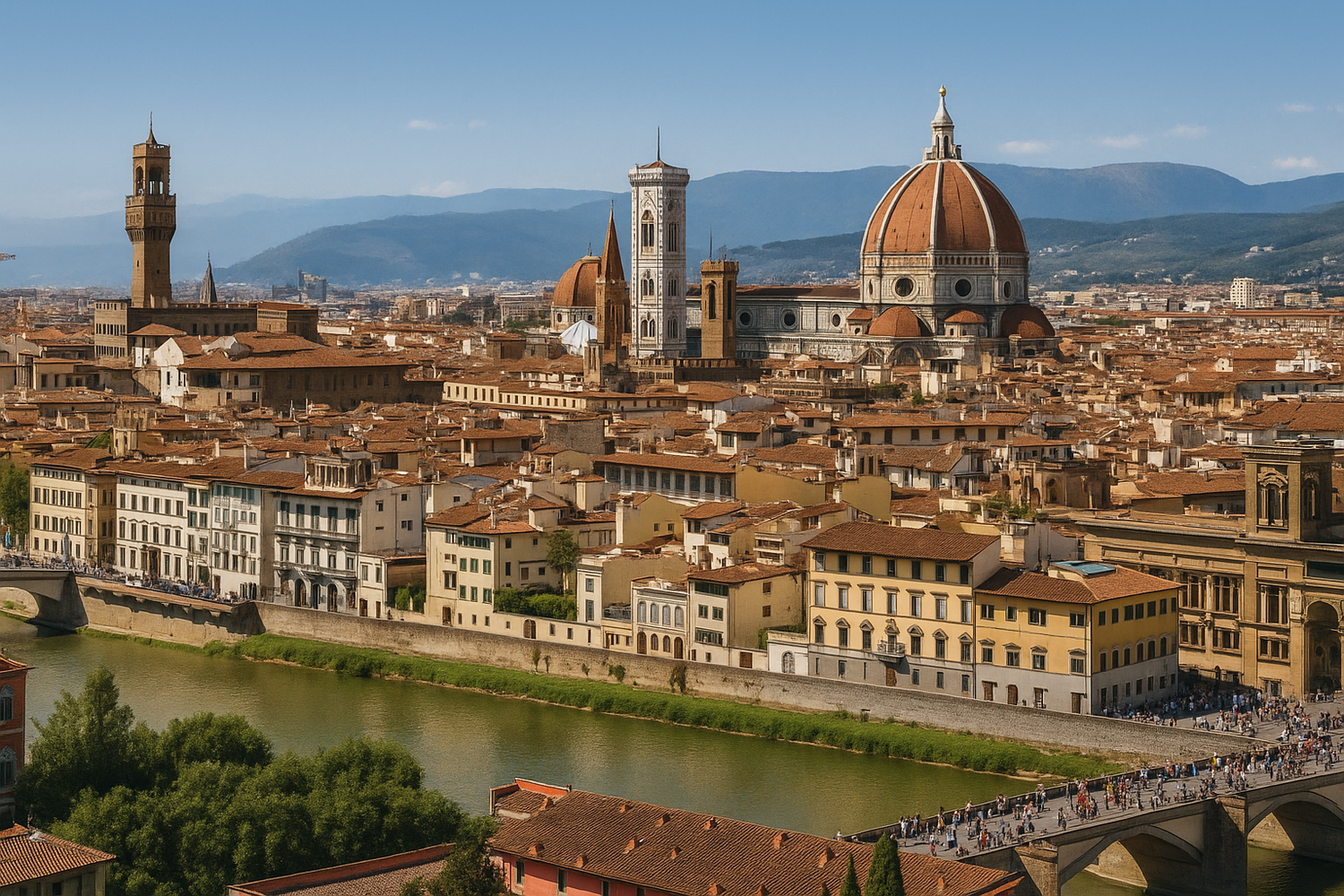 Florence during midday with bustling activity along the Arno riverbank