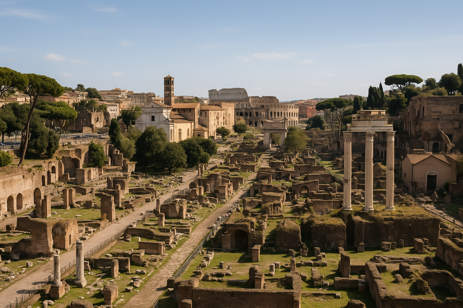 Geographically accurate view of Rome's Roman Forum area with authentic layout