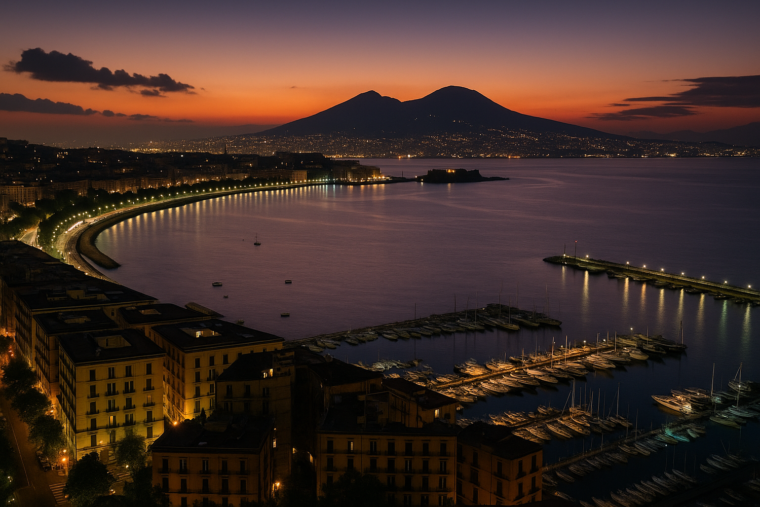 Gulf of Naples at twilight with Mount Vesuvius and city lights