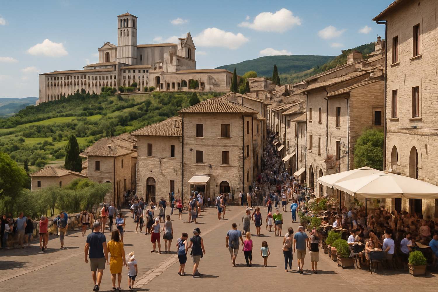 Realistic view of Umbria with medieval hilltop town, people, and countryside