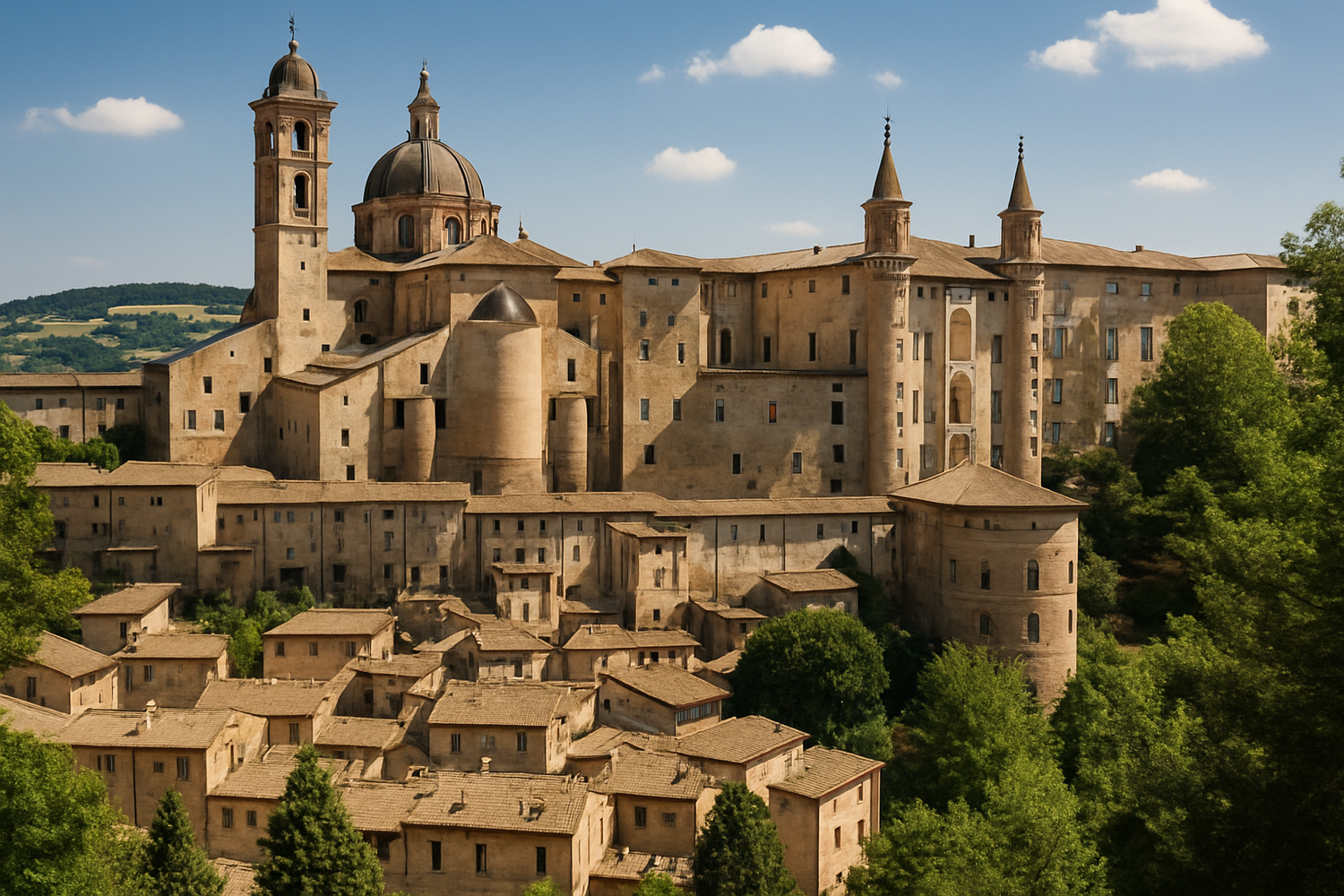 Realistic view of Urbino with authentic Renaissance architecture and landscape