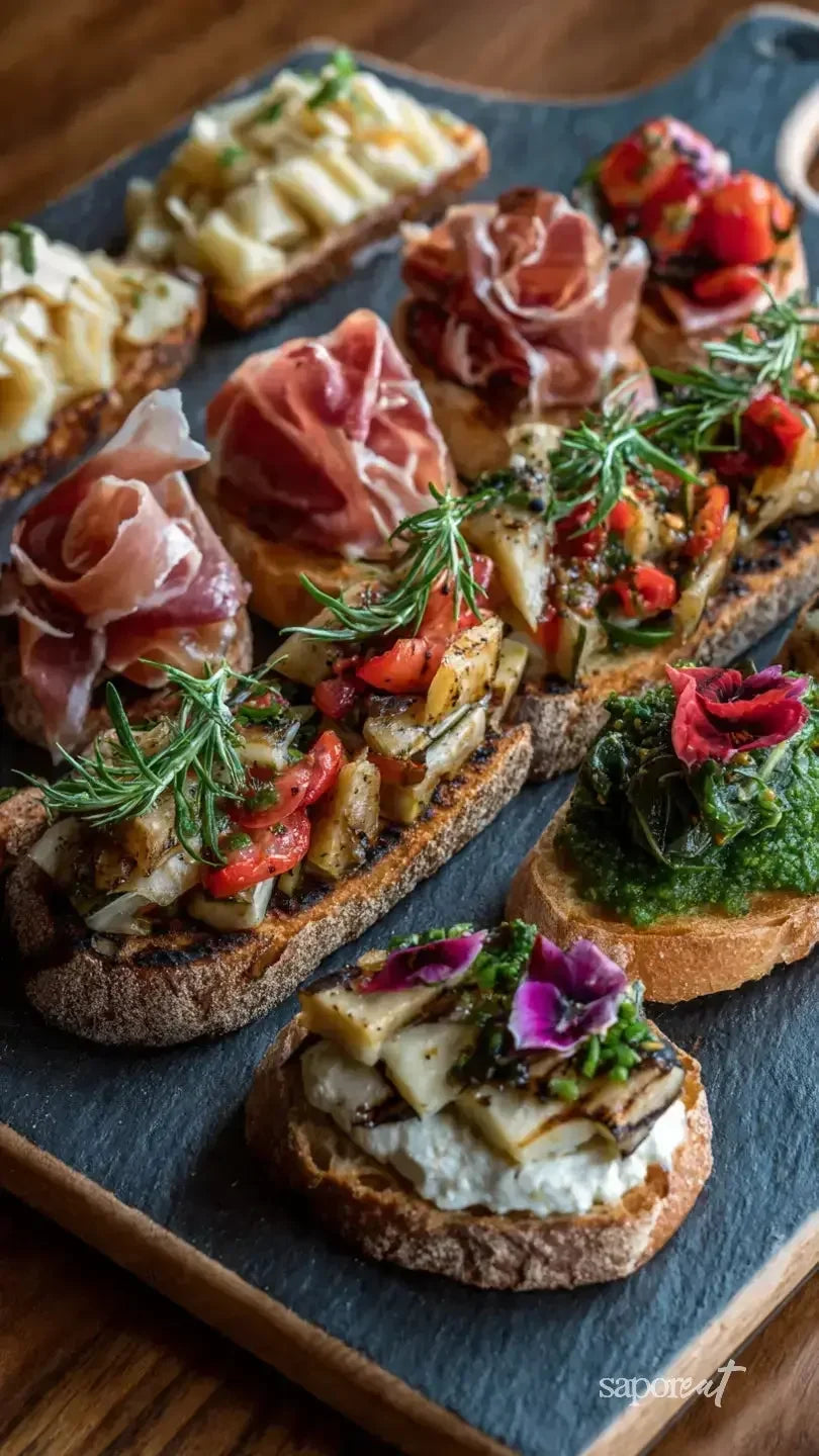 Assorted Italian antipasti crostini with prosciutto, grilled vegetables, ricotta, and herb garnishes on slate board
