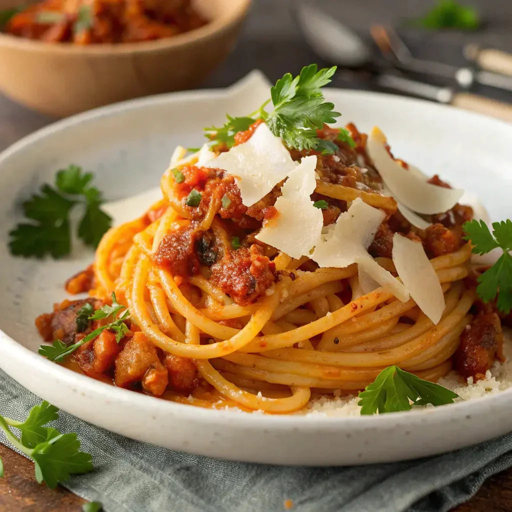 Plate of classic Amatriciana pasta with tomato sauce, guanciale, pecorino cheese, and parsley garnish