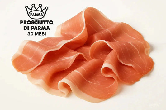 Thin slices of Prosciutto di Parma with 30 months aging on white background