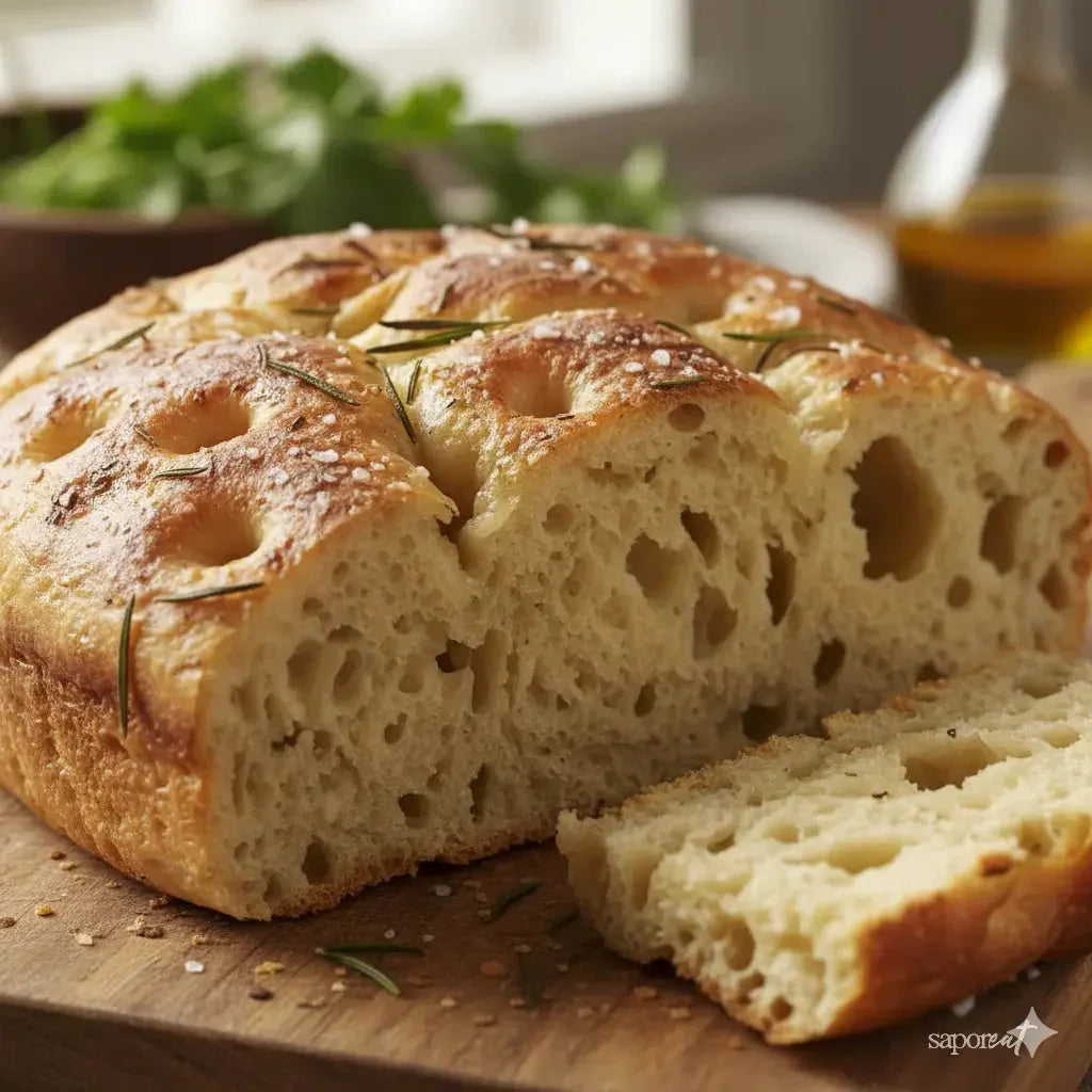 Freshly baked focaccia bread with rosemary and coarse salt on a wooden cutting board