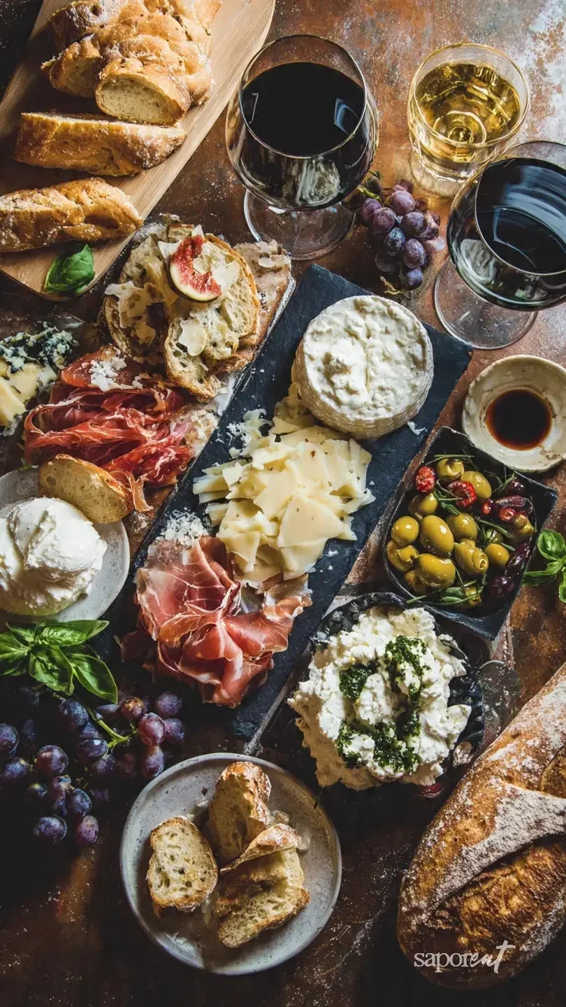 Italian cheese board with various cheeses, cured meats, bread, olives, grapes, and glasses of red and white wine