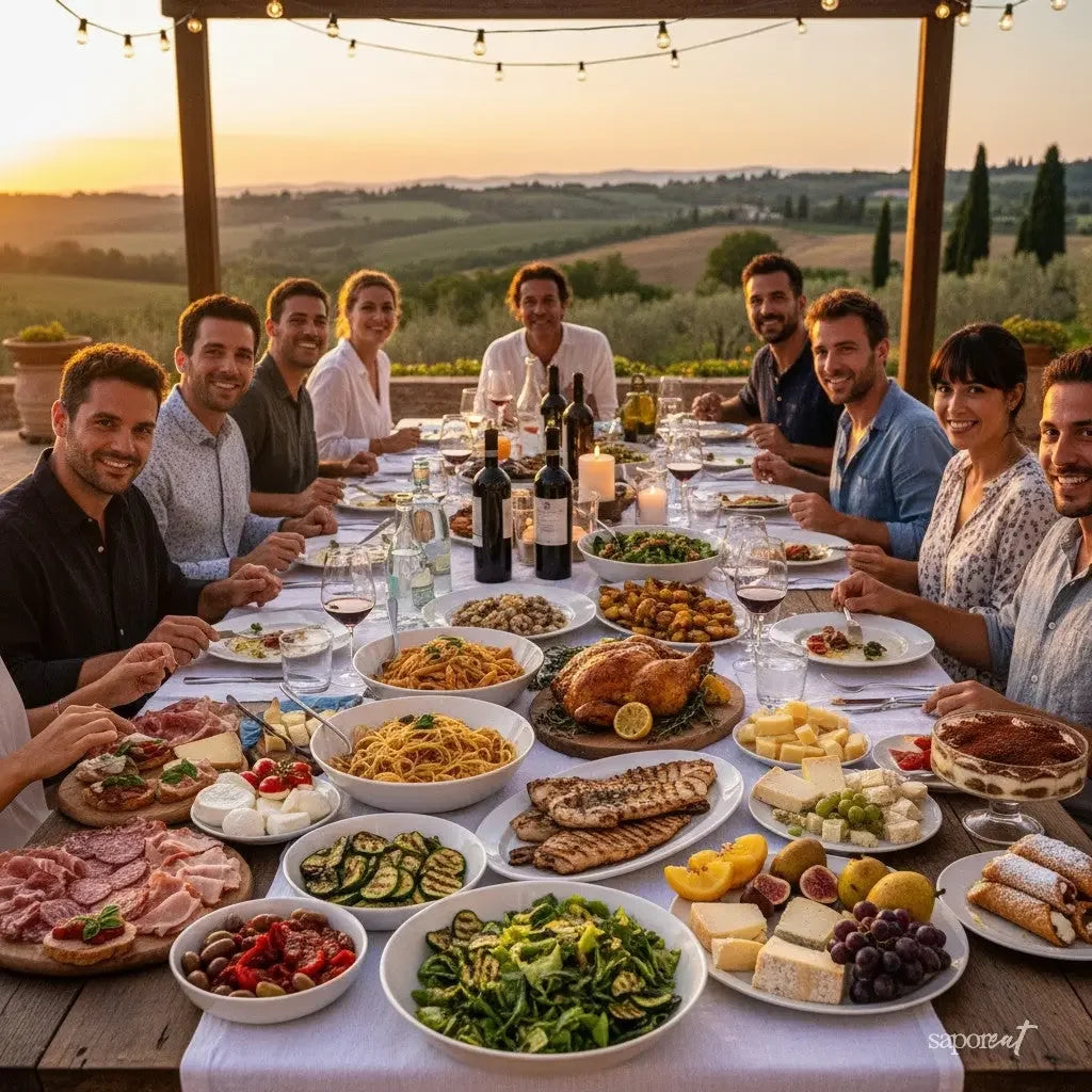 Group enjoying Italian dinner outdoors at sunset with pasta, grilled meats, cheeses, wine, and desserts
