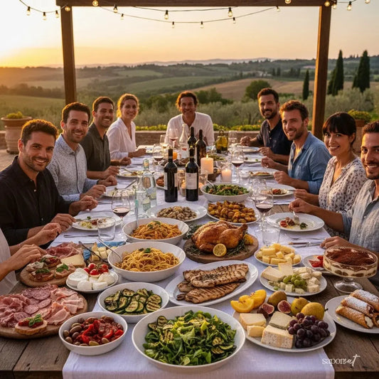 Group enjoying Italian dinner outdoors at sunset with pasta, grilled meats, cheeses, wine, and desserts