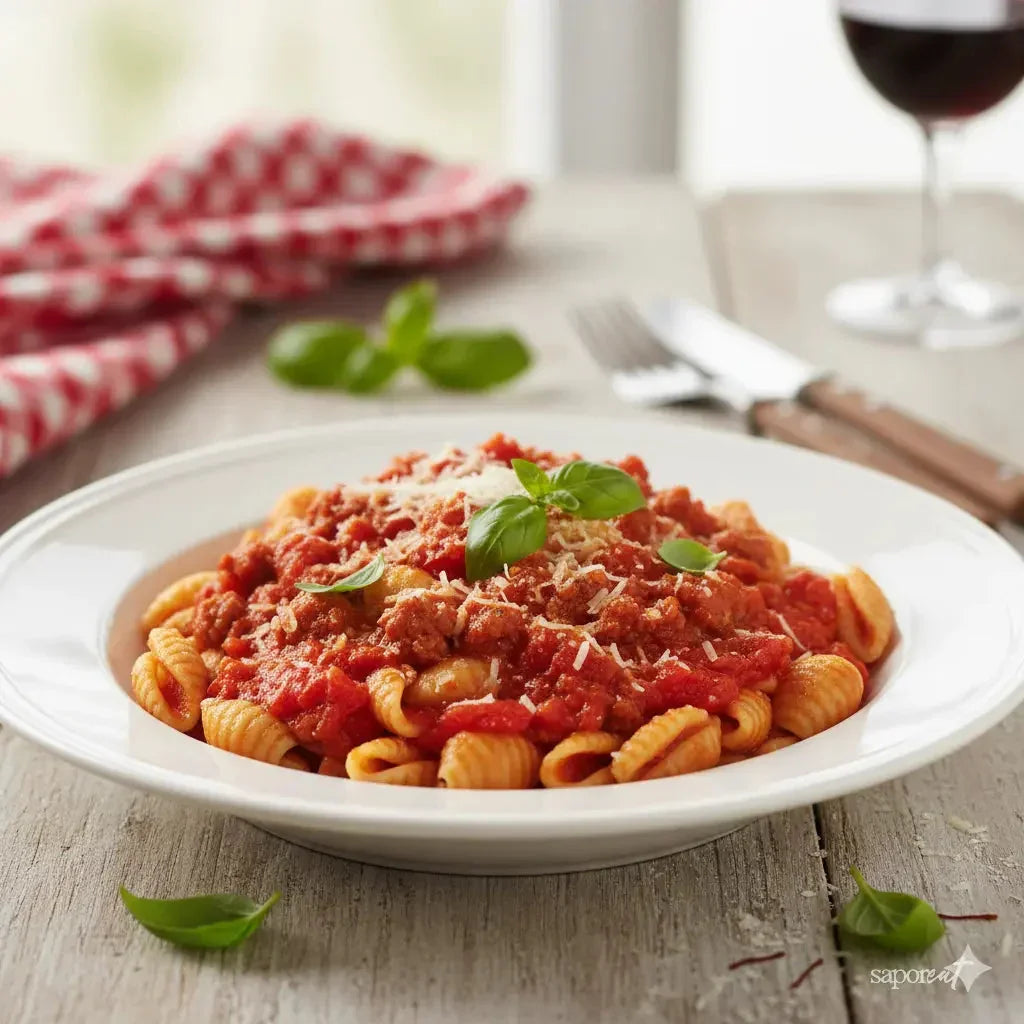 Plate of Malloreddus pasta with rich meat tomato sauce, garnished with basil and grated cheese