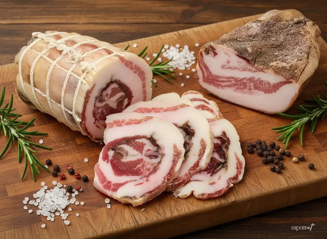 Sliced Italian cured meats pancetta and guanciale on wooden board with rosemary, peppercorns, and salt