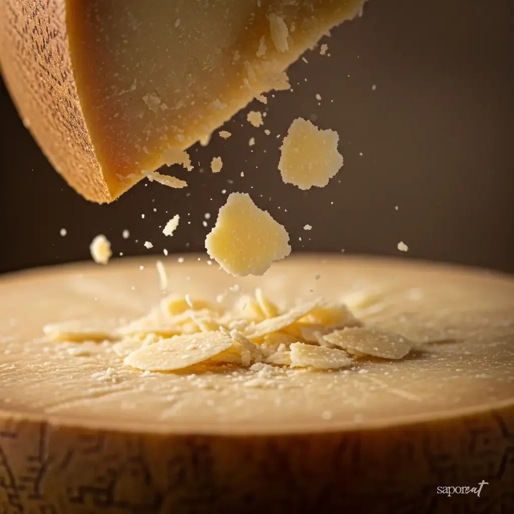 Close-up of Parmigiano Reggiano cheese flaking and falling onto a whole cheese wheel