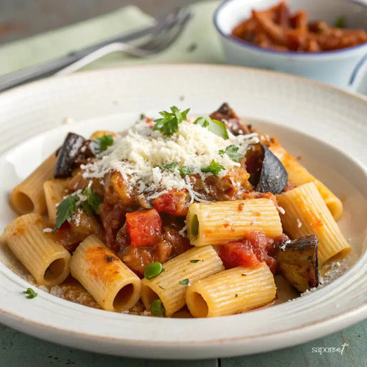 Plate of rigatoni pasta with tomato sauce, roasted eggplant, fresh herbs, and grated cheese