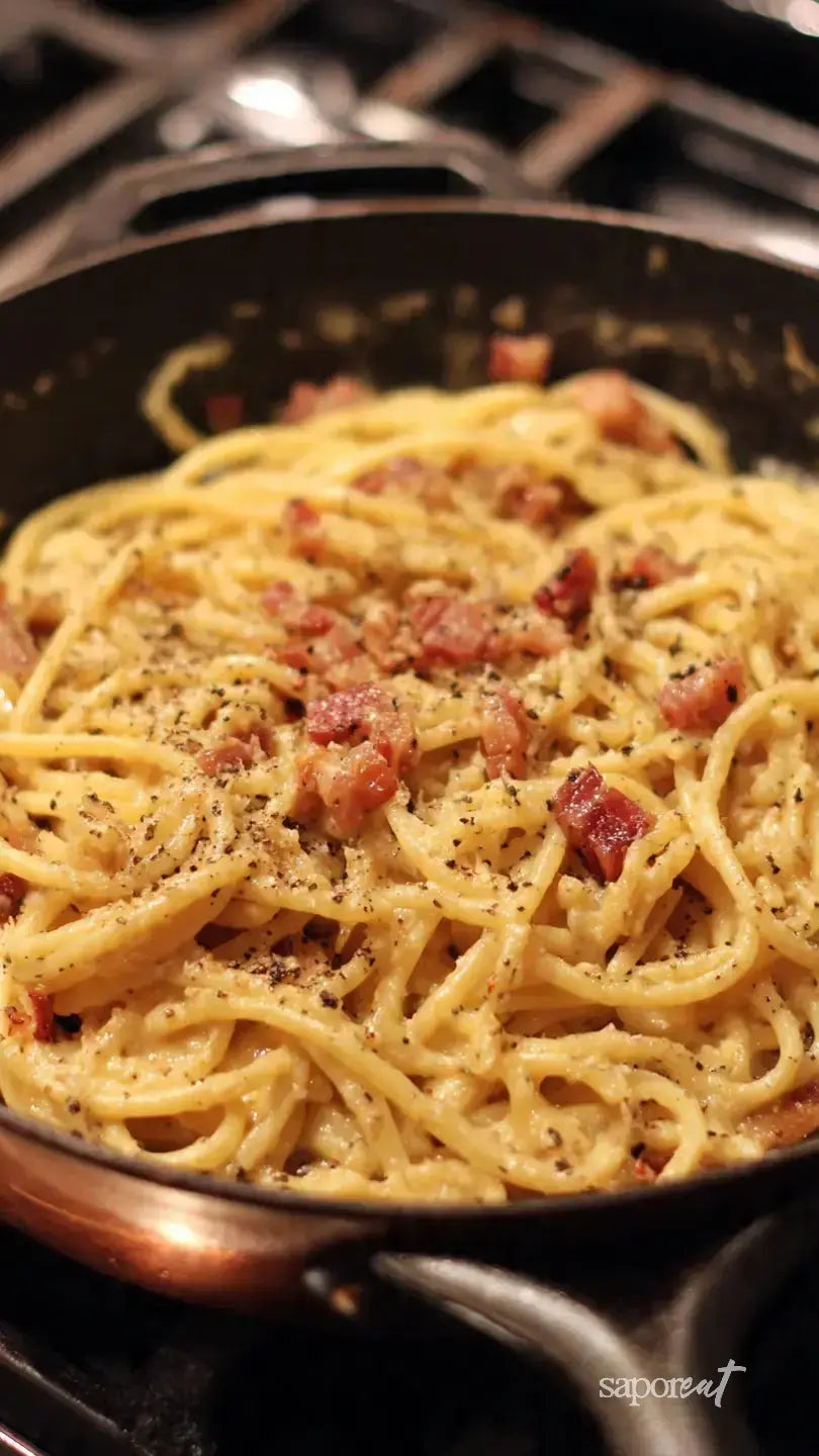 Creamy cacio e pepe pasta with crispy pancetta cooked in a black skillet on stove