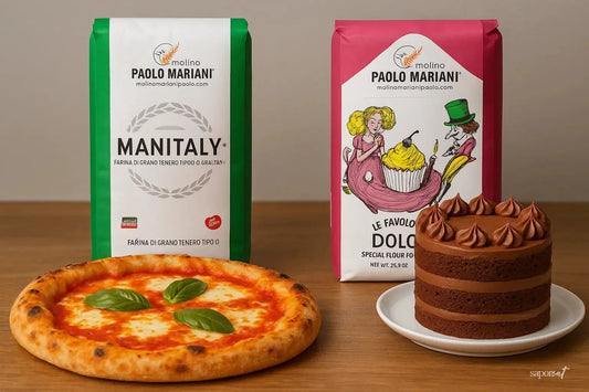 Two Paolo Mariani flour bags, green Manitaly for pizza next to a margherita pizza, and pink Dolci for cakes with a chocolate cake