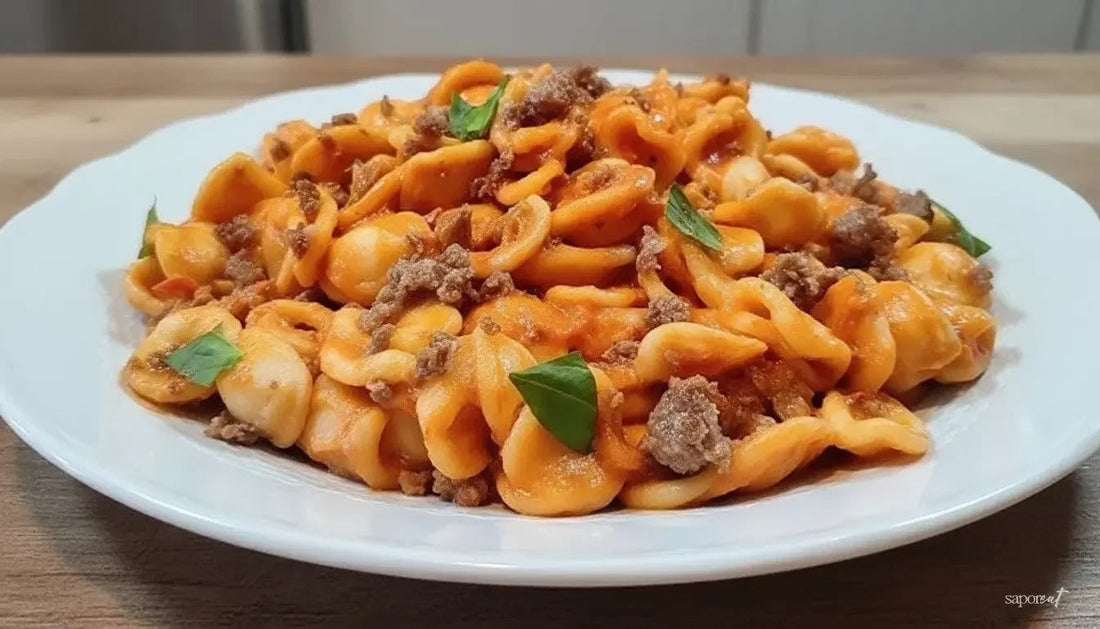 Orecchiette pasta with minced meat sauce and basil on a white plate