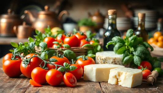 Fresh red tomatoes, Italian cheeses, basil, olive oil bottles, and rustic kitchenware on wooden table