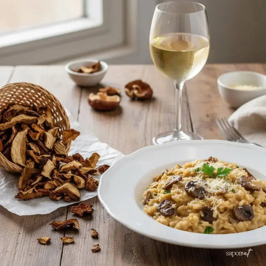 Italian dried porcini mushrooms spilled from a basket, creamy porcini mushroom risotto on white plate, and glass of white wine on wooden table