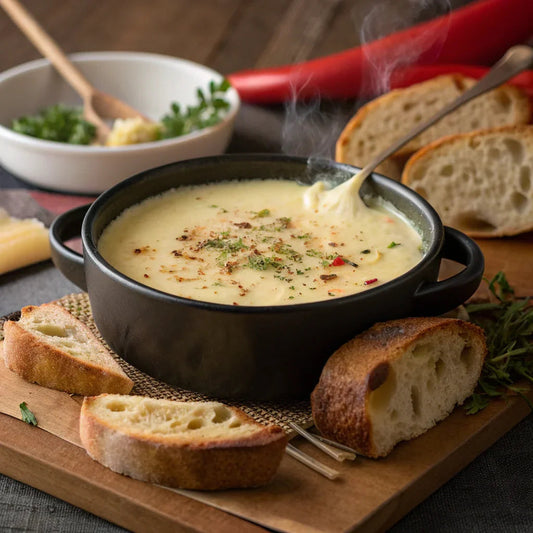 Fonduta Valdostana melted cheese dip in black bowl with crusty bread slices on wooden board