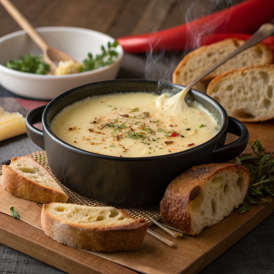 Classic Italian fonduta Valdostana recipe served hot in a pot