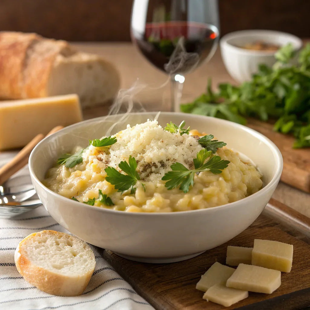 Steaming creamy risotto garnished with parsley and grated cheese, served with bread and red wine