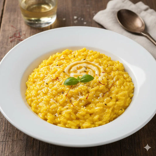 Creamy saffron risotto garnished with basil and parmesan in a white bowl on wooden table