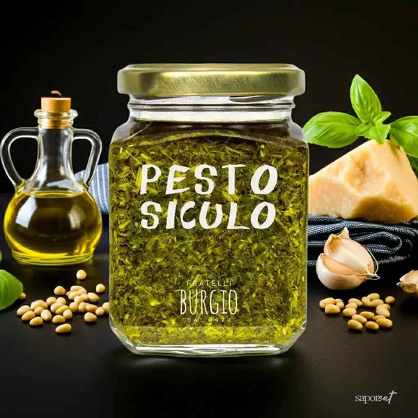 Jar of Fratelli Burgio Pesto Siculo with olive oil, pine nuts, garlic, basil leaves, and parmesan cheese