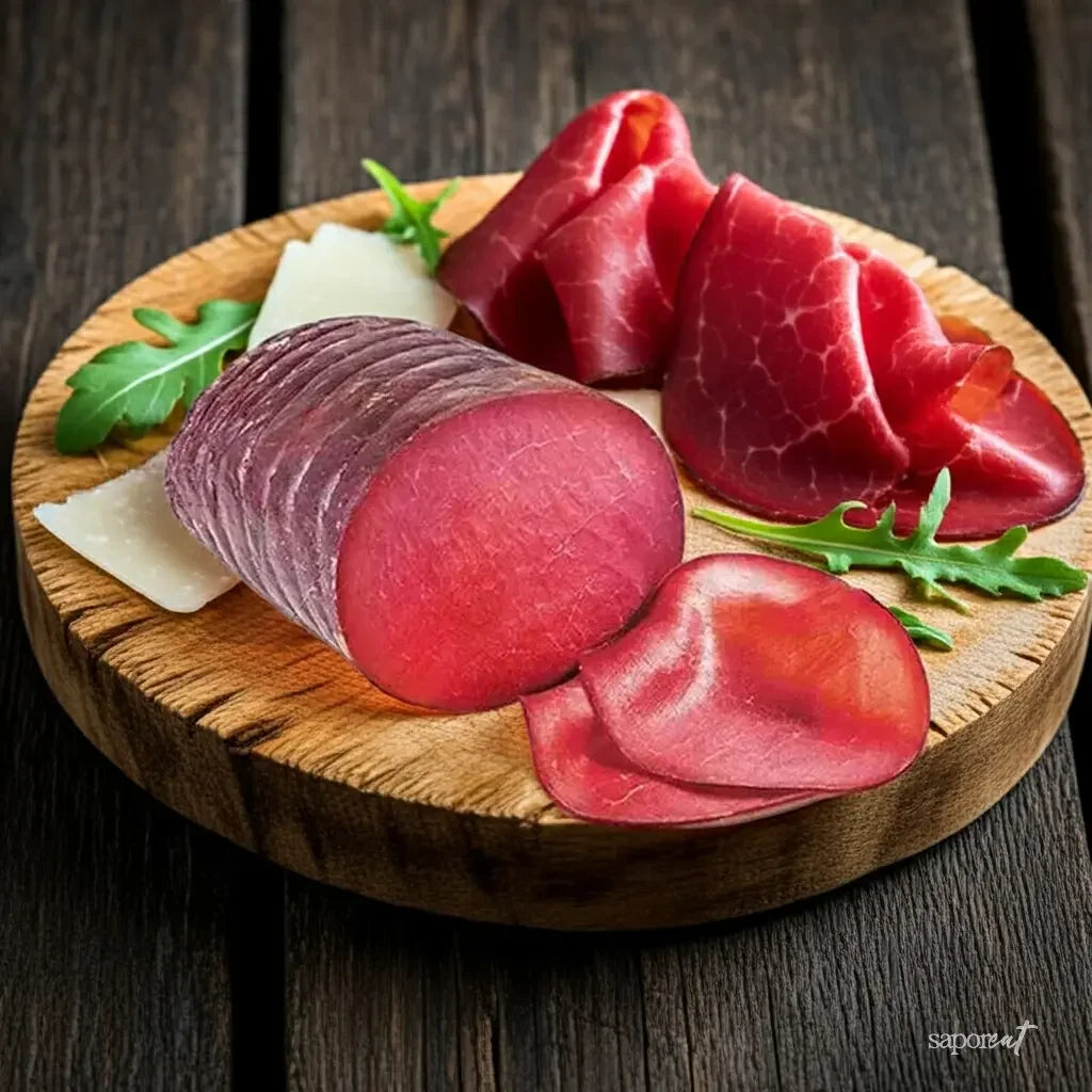 Sliced cured bresaola with arugula and cheese on round wooden cutting board