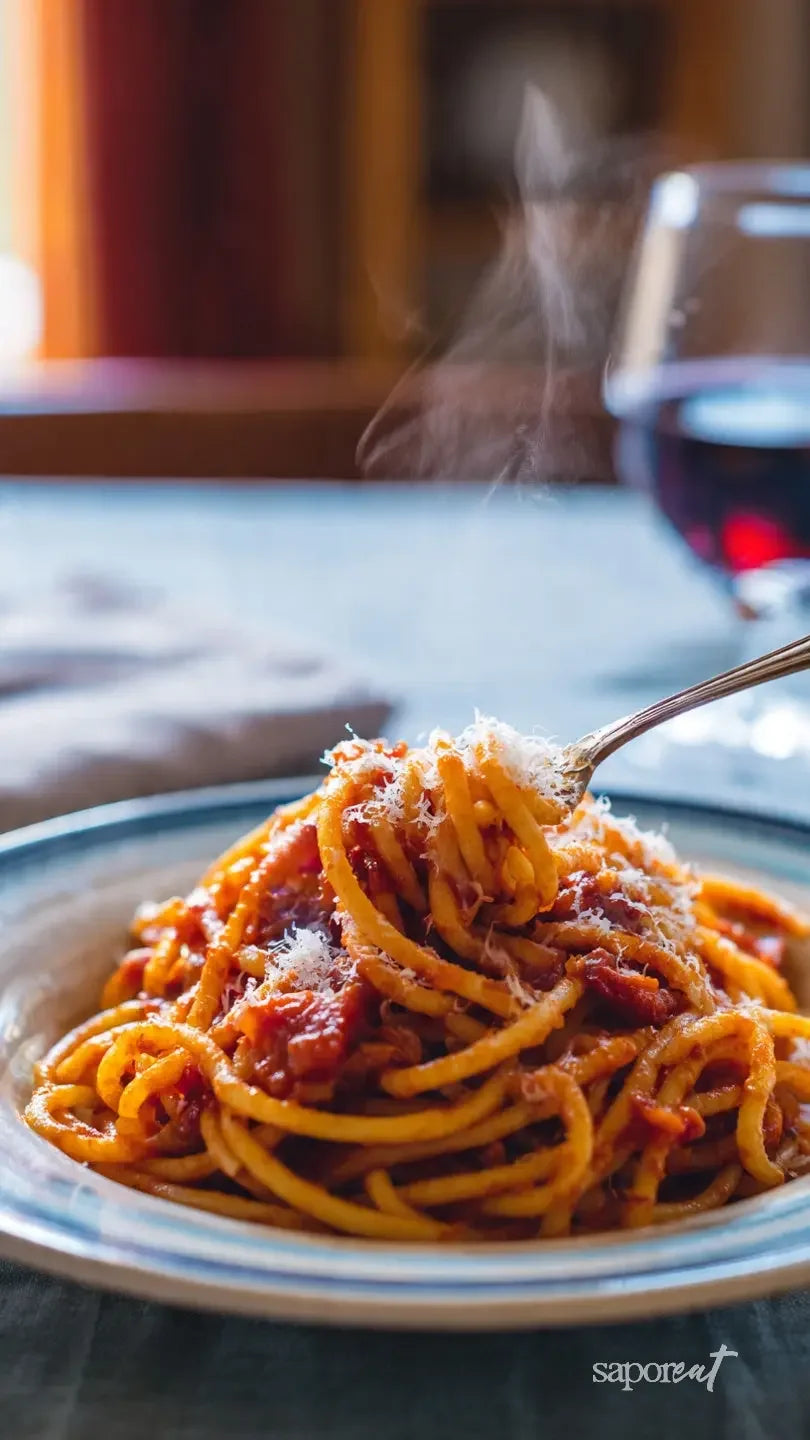 Steaming plate of bucatini pasta with tomato sauce and grated cheese on a blue rimmed plate, fork twirling noodles, glass of red wine in background
