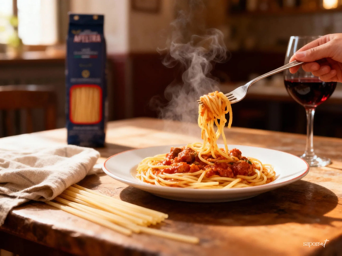 Steaming plate of bucatini pasta with tomato sauce and meat served on wooden table with fork and glass of red wine