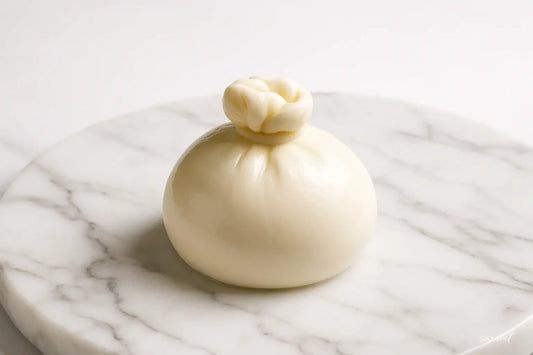 Fresh burrata cheese on a white marble plate with a smooth, creamy texture