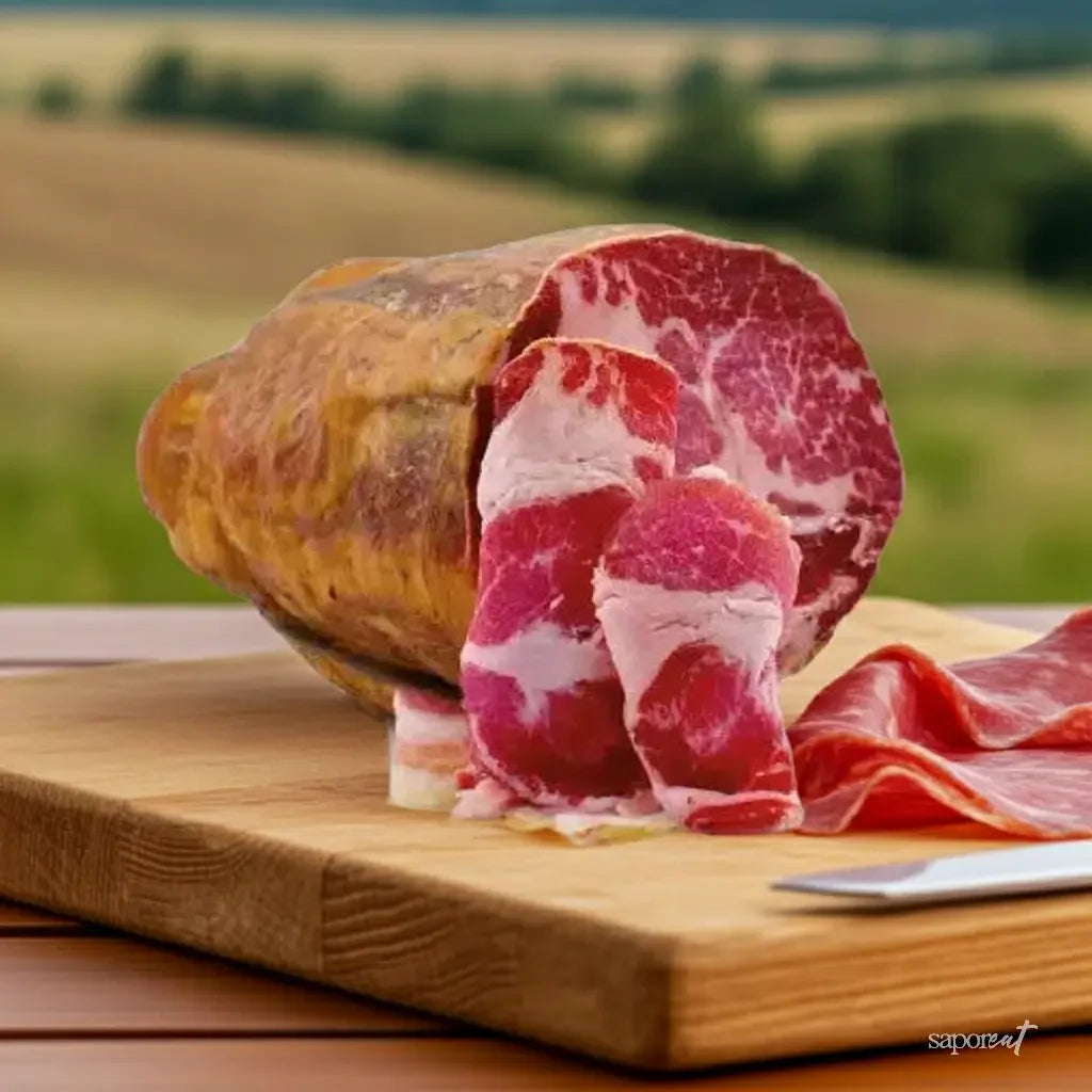 Sliced Capocollo Toscano cured meat on wooden cutting board with knife and countryside background