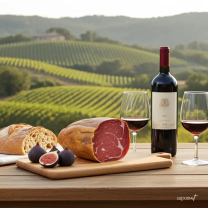Cured capocollo meat, fresh figs, crusty bread, red wine bottle and glasses on wooden table with vineyard backdrop