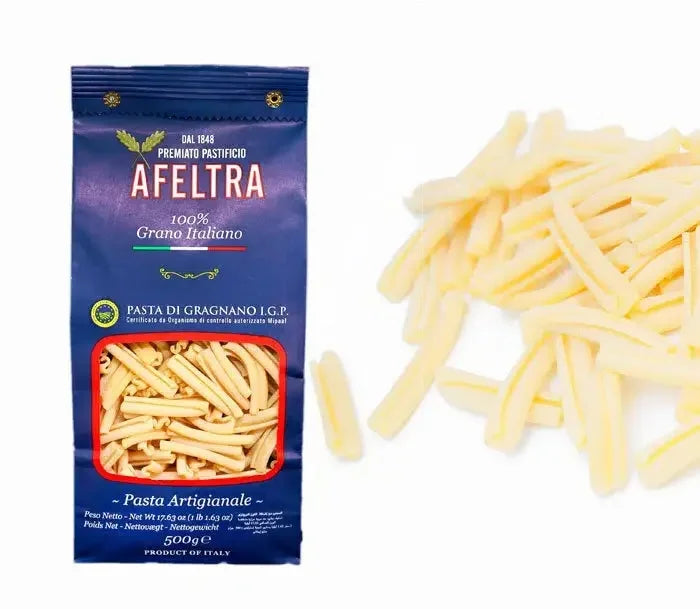 A 500g blue package of Afeltra Caserecce pasta with visible pasta pieces on white background