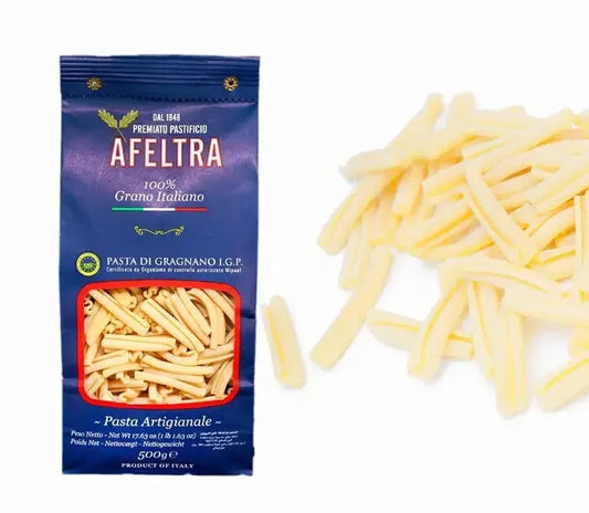 A 500g blue package of Afeltra Caserecce pasta with visible pasta pieces on white background