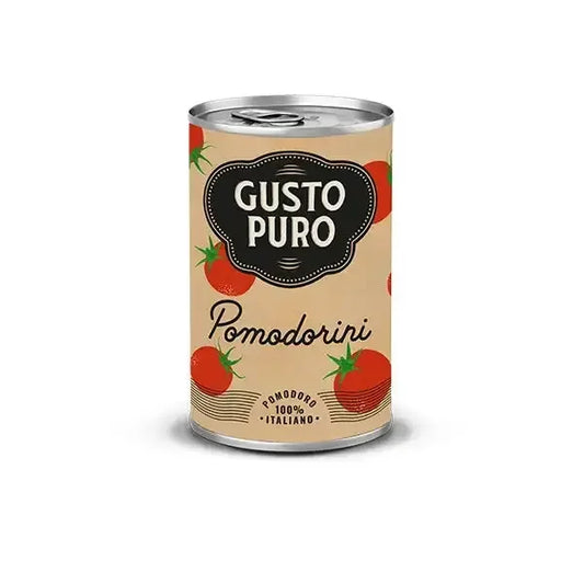 Gusto Puro Pomodorini canned cherry tomatoes with Italian label and tomato graphics