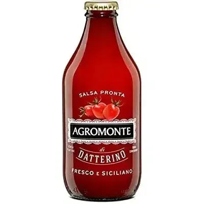 Agromonte Datterino fresh Sicilian tomato sauce in a glass bottle with red label and gold cap
