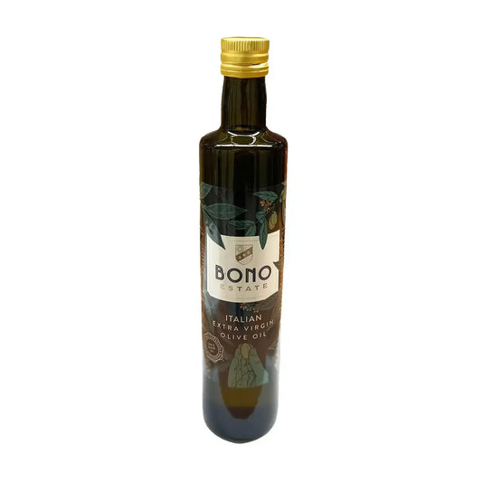 Bottle of Bono Estate Italian extra virgin olive oil with decorative label and gold cap