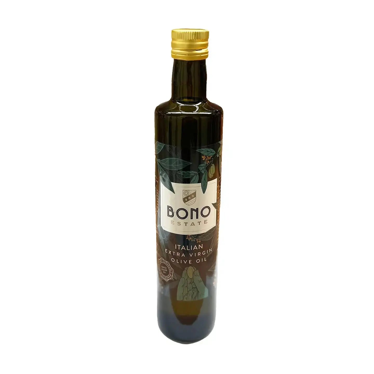Bottle of Bono Estate Italian extra virgin olive oil with decorative label and gold cap