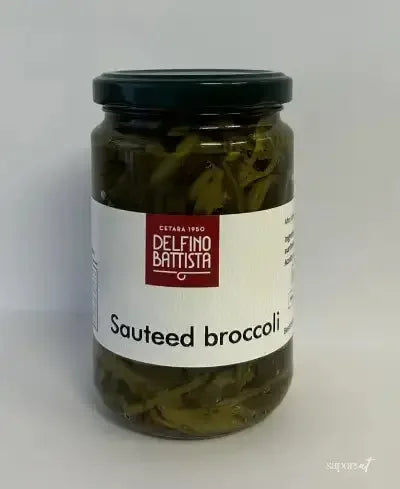 Jar of Delfino Battista sauteed broccoli preserved vegetables with black lid