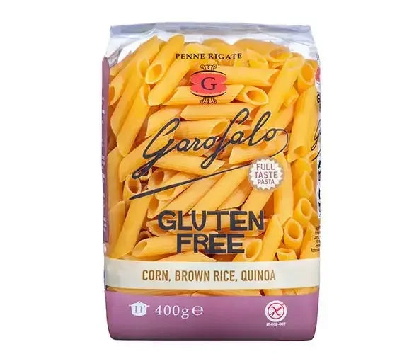 Garofalo gluten free penne rigate pasta made from corn, brown rice, and quinoa in 400g package