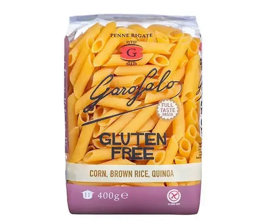 Garofalo gluten free penne rigate pasta made from corn, brown rice, and quinoa in 400g package