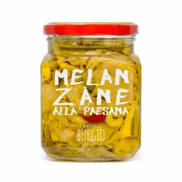 Jar of Fratelli Burgio Melanzane alla Paesana Sicilian aubergines preserved in oil with red lid